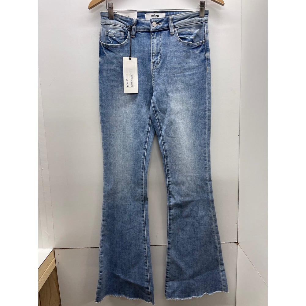 Mica Denim High Rise Flare Jeans Light Wash Raw Hem Size 26 NWT
